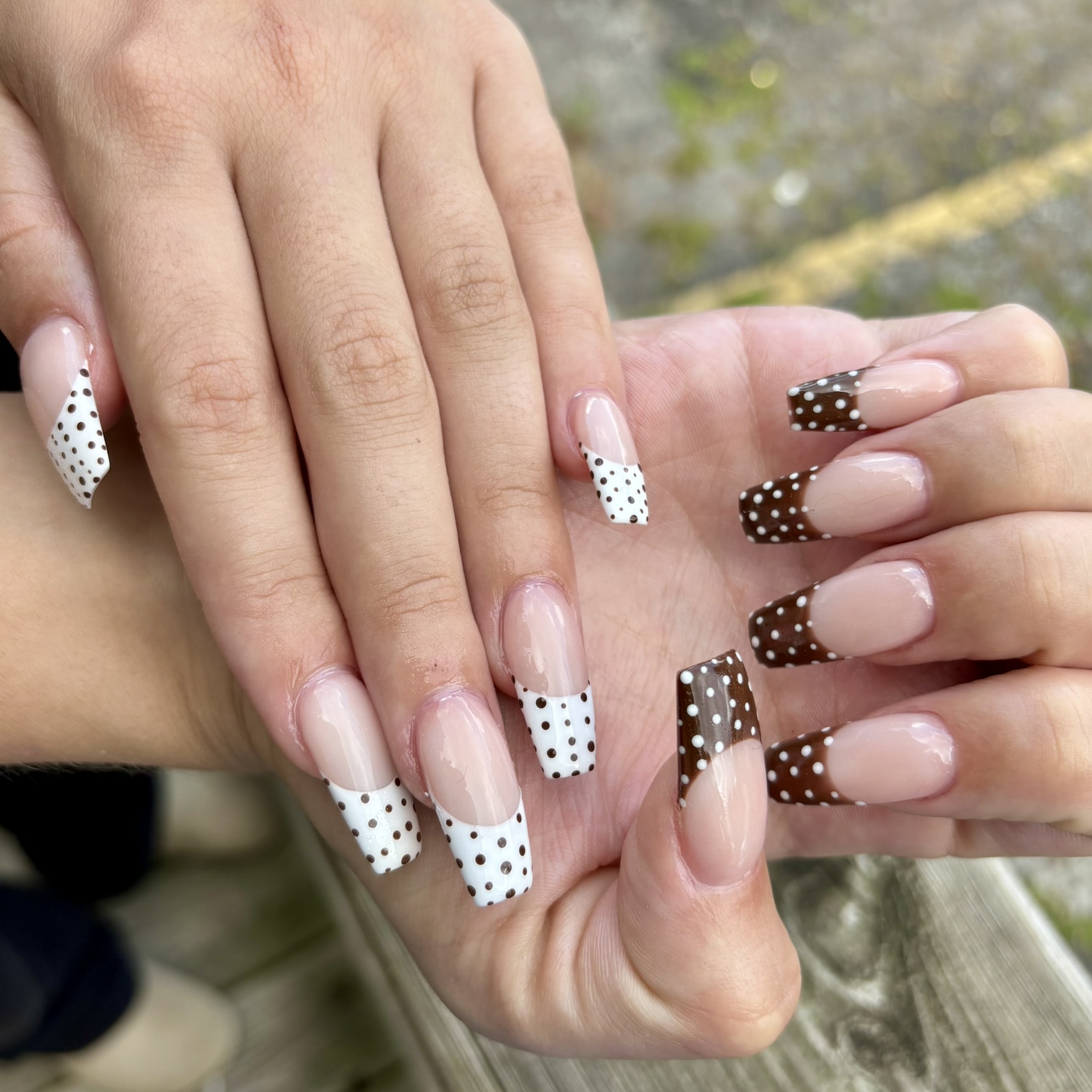 Mixed brown and white polka dot long square acrylic nails London Ontario