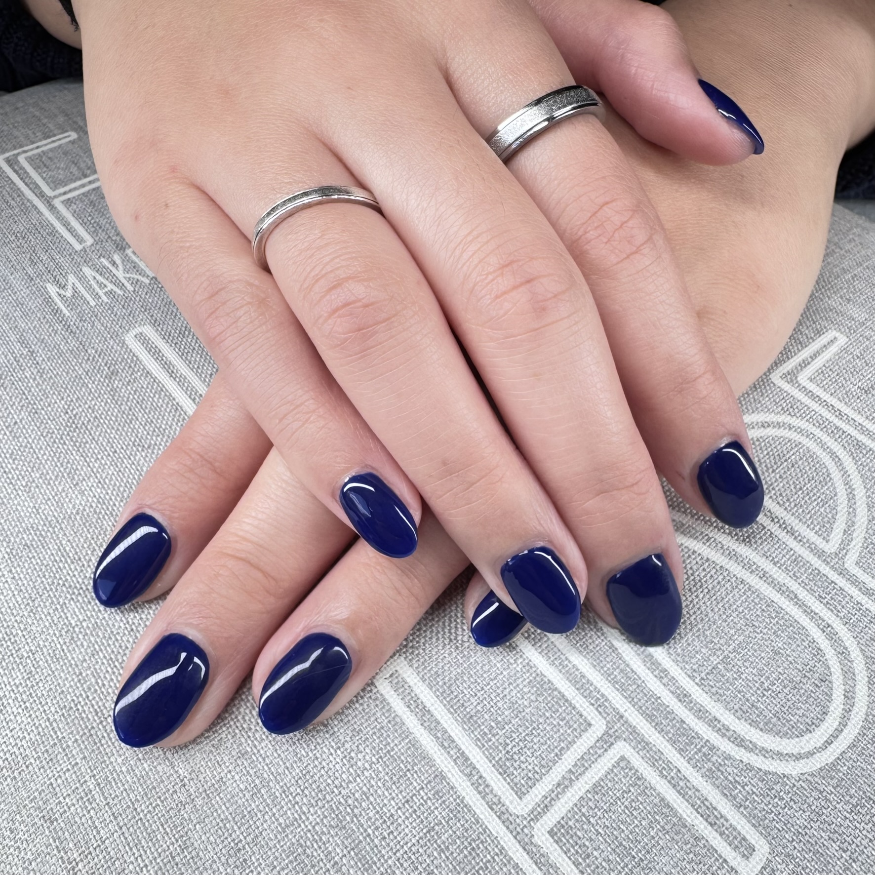 Deep navy blue glossy gel manicure London Ontario