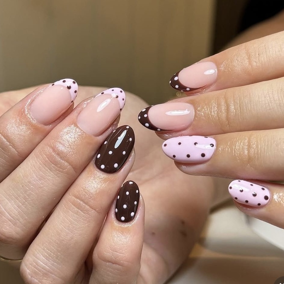Pink and brown polka dot French tip almond nails London Ontario