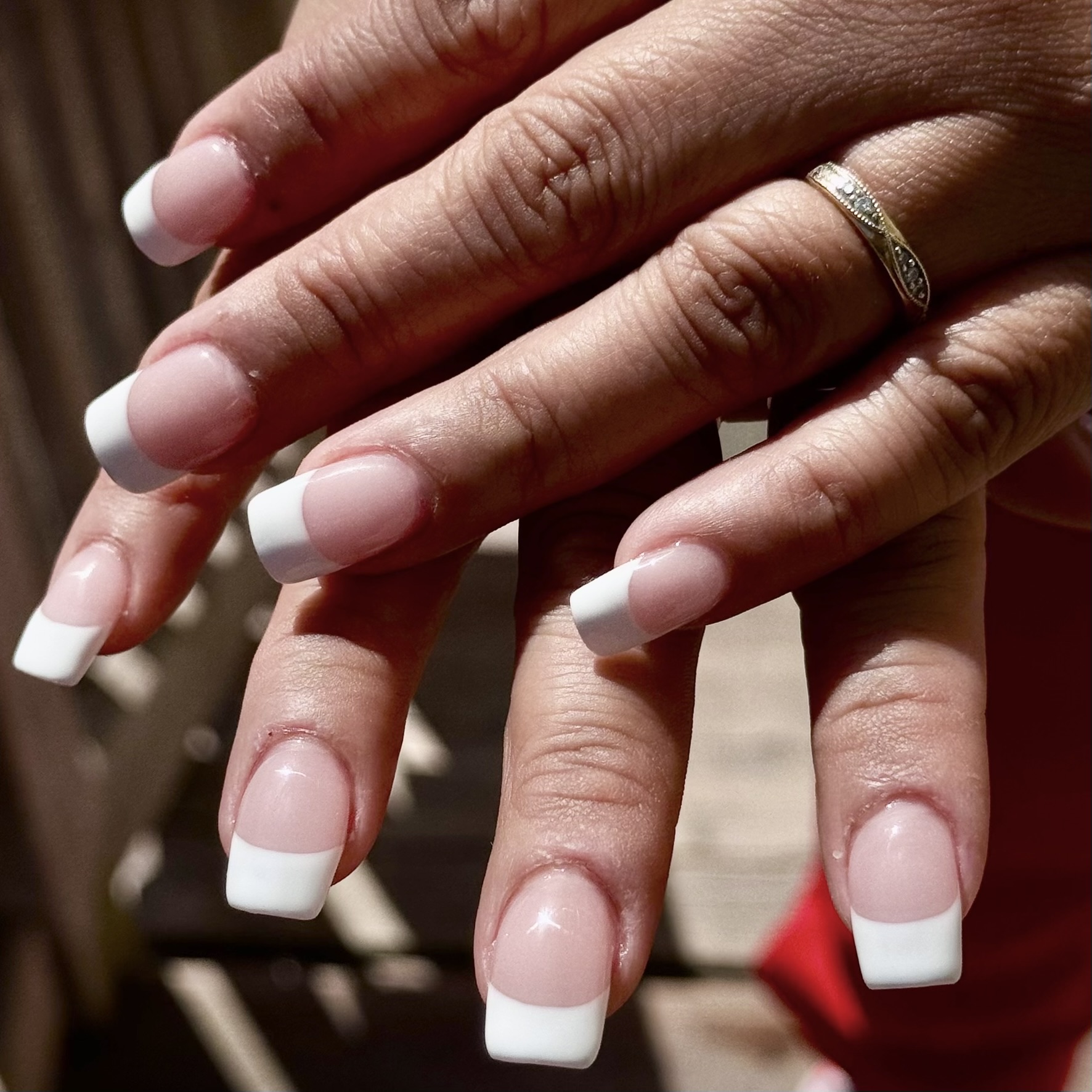 Classic pink and white French tip square acrylic nails London Ontario